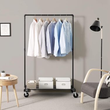 SONGMICS Clothes Rack, Garment Rod, with Wheels, Load Capacity up to 90 kg, Coat Rack with 1 Garment Rod and Shelf, Industrial Design, for Bedroom, Laundry Room, Black HSR61BK