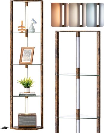 Стійка лампа EDISHINE з 4 полицями з дерева, LED диммер, 3 кольори світла, поворотний світловий маніпулятор, підсвічування полиць, регулювання яскравості, футовий вимикач, для вітальні (Вінтаж-коричневий+скло)