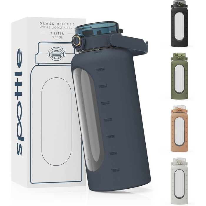 Glass Bottle 2 Liter - Drinking Bottle 2L Glass with Straw - Large Water Bottle with Silicone Sleeve - Leak-proof - Dishwasher-safe - BPA-free (Petrol)