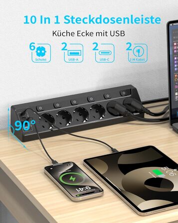 Мережевий фільтр з USB-C, 6 розеток, кабель 2м (4000W, 16A), розподільний блок для кухні/офісу, чорний