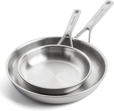 Набір сковорідок KitchenAid MultiPly з нержавіючої сталі з керованою антипригарним покриттям, 2 шт (20 см та 28 см), тришарова, для індукційних плит, термостійкі до 220°C, придатні для миття в посудомийній машині, срібного кольору