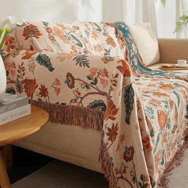 SE SOFTEXLY Boho плед з 100% бавовни – двосторонній мусліновий плед 150x200 см, м'який плед на диван та ковдра на ліжко, естетичний дизайн, ідеальний для вітальні та спальні, Orange/Grün Blütentraum (230 x 250 cm, Blütentraum)