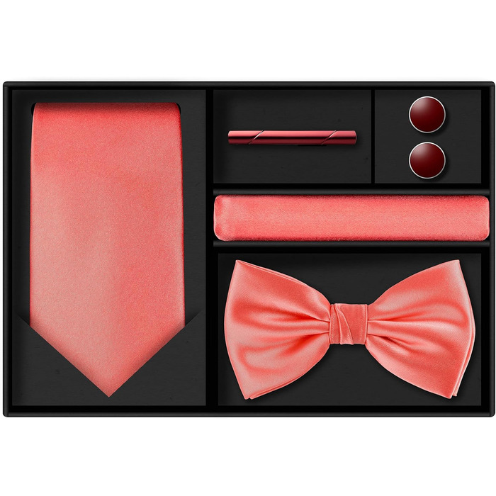 Набір краваток Tie G U Style (5 шт.) у подарунковій коробці: однотонні краватки, сатинова метелик, кишеньковий хустинка, реверс, краваткові застібки (Coral Black Box)