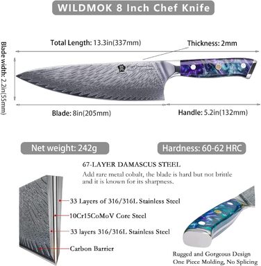 Професійний кухонний ніж Wildmok Damastmesser 20 см, 67 шарів дамаської сталі, ручка з блакитної смоли, подарункова коробка