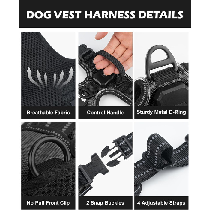 Світловідбиваючий нашийник для собак Joytale з LED, перезаряджуваний, для середніх собак, не тягне, з ручкою, регульований, для нічних прогулянок, чорно-синій, M (1 шт.)