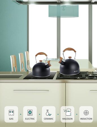 Чайник BELANKO з свистком, 2,5 л, нержавіюча сталь, з дерев'ястим малюнком, складаний ручка, для чаю, кави, молока – блакитний (чорний)