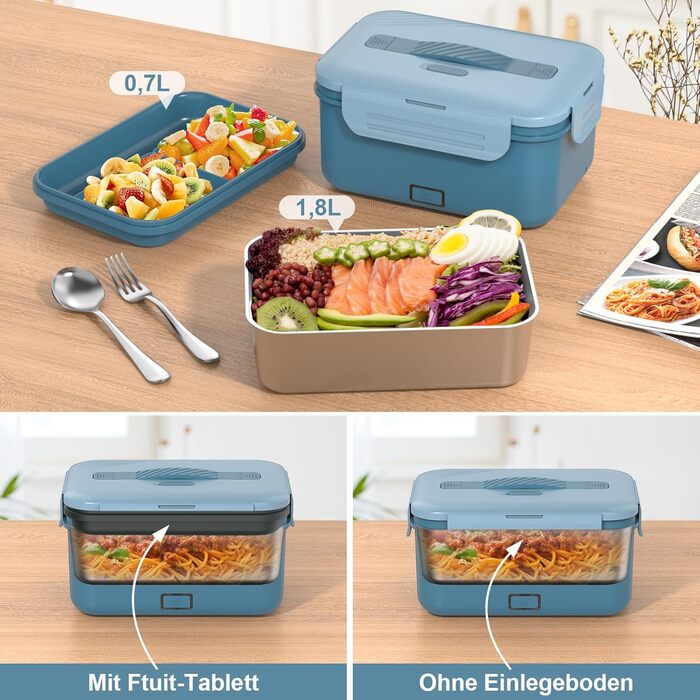 Vabaso 100W Electric Lunch Box for Adults, Thermo Lunch Box with Cutlery and Insulated Lunch Bag, 12/24/230V, Leak-Proof, 1.8 L Large Container, Lunch Box with Compartments for Car, Truck, Home, Blue