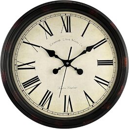 DIYZON Round Classic Wall Clock, Silent Non-Ticking, 40 cm High-Quality Quartz Vintage Clock, Large Number Retro Decorative Clock, Battery Operated, Easy to Read for Home, Kitchen, Dining Room (Black Brown, 40CM)