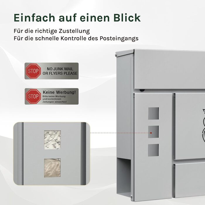 Поштовий ящик WOLTU XXL з газетницею, оглядовим вікном, замком (2 ключі), захистом від реклами, антрацит (сірий+чорний) 10,5x37x37 см