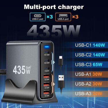 Зарядний пристрій USB-C 435W, 6 портів: швидка зарядка для MacBook Pro/Air, iPad Pro/Air, Samsung та інших – чорний