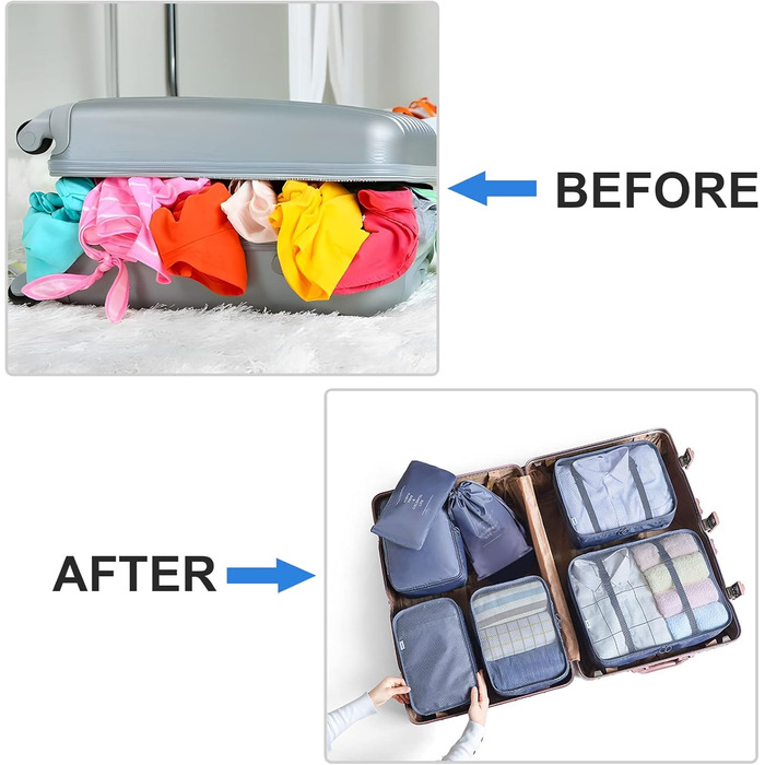 Органайзер для валізи AiQInu, набір 7 шт: кубики для пакування, органайзери для подорожей, сумки для одягу та взуття (Сірий, 6 шт, Single)