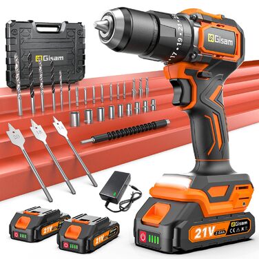 Акумуляторний шурупокрут/дрель 21V з набором 2 акумуляторів, 1200W двигун Brushless, 75Nm, 25+3 рівня крутного моменту, патрон 13мм, 2 швидкості, LED, 29-ти елементний набір для дому, саду та DIY-проектів помаранчевого кольору