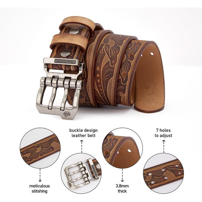 Чоловічий шкіряний ремінь BISON DENIM: стильний аксесуар для джинсів та ділового стилю, ширина 38 мм, з подарунковою коробкою (W71808-brown 120)