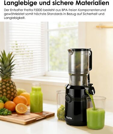 Шнекова соковижималка Fretta Slow Juicer з широким завантажувальним отвором для цілих овочів та фруктів, BPA-free Tritan, 1 л, димчасто-чорна