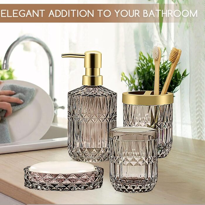 Набір аксесуарів для ванної кімнати зі скла, 5 шт. (мильниця, дозатор мила, тримач для зубних щіток, контейнер для ватних паличок, стакан) чорний
