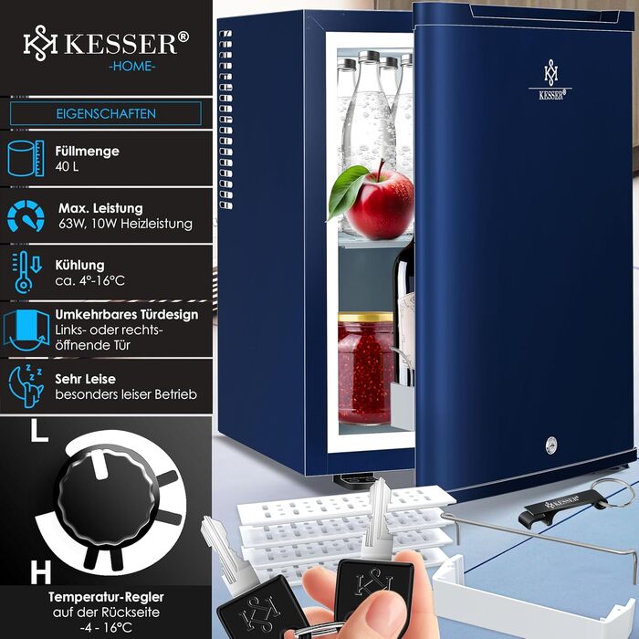 Міні-холодильник KESSER® 40L з замком: ідеальний для кемпінгу, офісу, спальні, готелю, кухні. Безшумний, з можливістю зміни дверцят та внутрішнім освітленням, з відкривачем для пляшок. Колір: Navy Blue