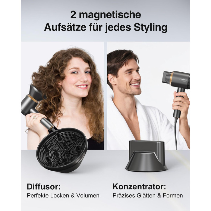 Іонський фен Feekaa з дифузором та магнітною насадкою, для подорожей та кучерявого волосся, 4 температурні режими, матовий чорний