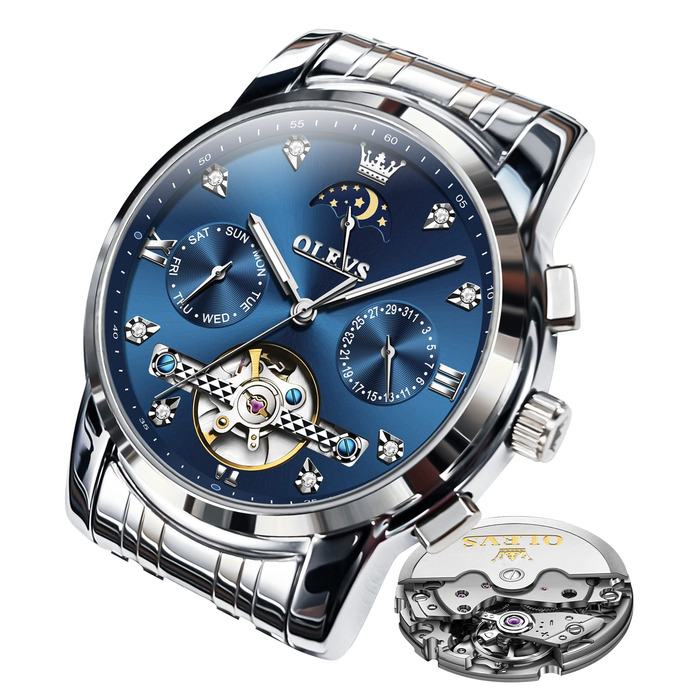 Чоловічий годинник OLEVS Chronograph — водонепроникний кварцовий годинник з аналоговим циферблатом, сталевий корпус, сріблястий з синім циферблатом (6678)