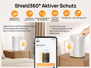 Обігрівач Dreo Atom One S: енергоефективний, тихий, 1500W з Wi-Fi, пультом ДУ, осциляцією 70°, 12-годинний таймер, 3 режими, 3 швидкості, PTC кераміка, білий