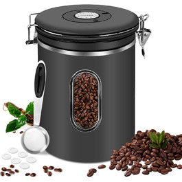 Герметичний контейнер для кави з нержавіючої сталі, 2,8 л, з CO2-вентилем та індикатором дати - для кавових зерен, кави, чаю, горіхів, какао, з мірною ложкою