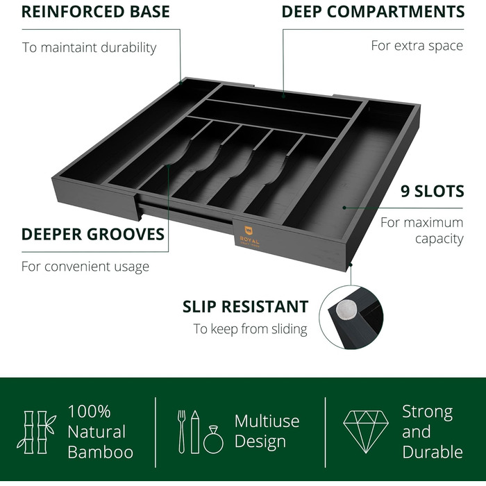 Органайзер для столових приборів ROYAL CRAFT WOOD з бамбука (9 секцій, чорний) - Роздільник для ящиків, тримач для кухонного приладдя