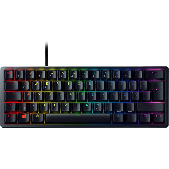 Клавіатура Razer Huntsman Mini (Red Switch) - Компактна ігрова клавіатура 60% (Lineare оптико-механічні перемикачі, Doubleshot PBT-клавіші, знімний USB-C кабель) QWERTZ DE-розкладка | Чорний