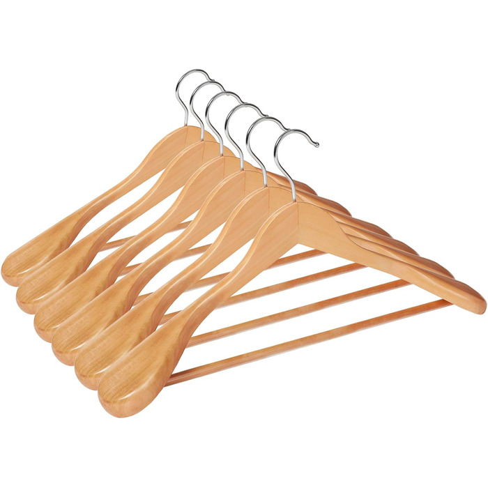 Набір вішалок для одягу SONGMICS, 6 шт., з масиву дерева, широкі плечі, антиковзні, для сорочок, пальто, курток, штанів, костюмів, поворотний гачок 360°, колір: дерево