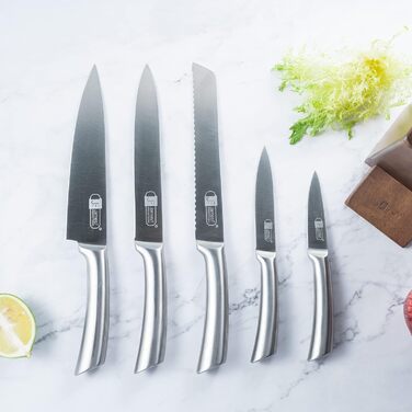 Набір кухонних ножів JF JAMES.F з дерев'яним блоком, 5 предметів: гострі ножі з нержавіючої сталі, ергономічні, для кухні, кухонний набір, подарунок