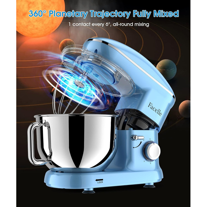 Кухонна машина Facelle 1500W з нержавіючою чашею 6.2L, 6 швидкостей, комплект насадок (міксер, гак для тіста, вінчик, сплеск-захист), блакитна