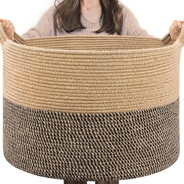 TIMEYARD Storage Basket, Storage Basket for Kids, Children's Laundry Basket, Large Christmas Tree Basket, Basket for Blankets, Baby Toys, Woven Basket, 55x35cm, Black & Jute