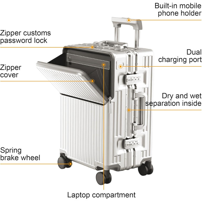 Чемодан ручної поклажі для весни/літа, дозволений для авіаперевезень, з TSA-замком, 360° колесами, PC-корпусом та міцним алюмінієвим каркасом, підходить для розмірів 20'', 24'' та 26''