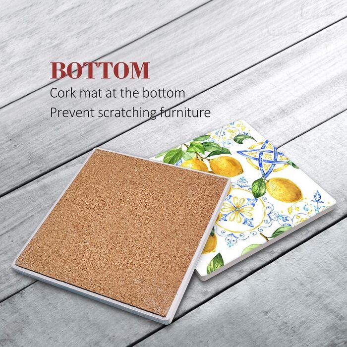 Coasters for drinks, 6 pieces, yellow lemon, fruit, blue ceramic tiles, pattern, absorbent, square, ceramic stone mat, with cork base and metal holder, housewarming gift