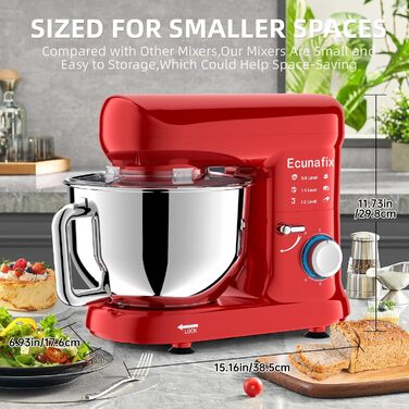 Кухонна машина для замішування тіста 2000W з чашею 6.5л з нержавіючої сталі, 6 швидкостей, з міксером, гаком для тіста, вінчиком та захистом від бризок (червона)