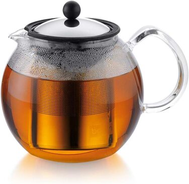 Заварник для чаю Bodum Assam 1801-16 з френч-прес системою, скляною ручкою, сталевим фільтром, 1 л, блискучий, набір із 2 склянок