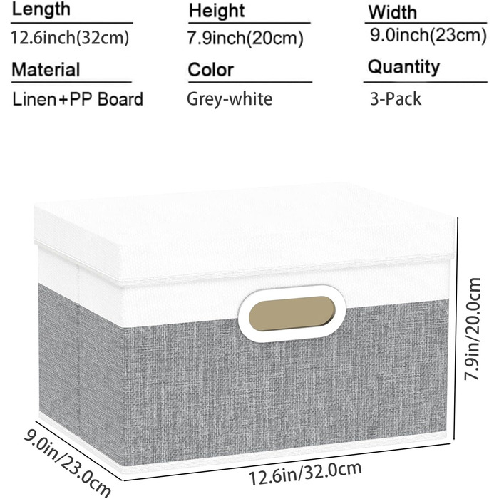 Yawinhe 3-Piece Storage Boxes with Lids, Foldable Fabric Box with Handles, Storage Boxes, for Bedroom, Clothes Storage, 32x23x20cm, SNK023G-3 (32x23x20cm/3-Pack, White/Gray)