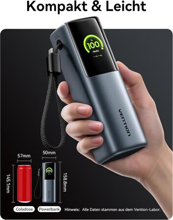 Power Bank VENTION 20000mAh 165W з дисплеєм та Emoji, інтегрований кабель USB-C, 2×100W USB-C + USB-A. Сумісний з MacBook Pro, iPad, Dell/HP, iPhone, Galaxy