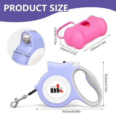 Висувна собача повідка з LED-підсвіткою, 5 м, з пакетиками для збору екскрементів, для собак малого та середнього розміру до 25 кг, система гальма та фіксації, ергономічна ручка (фіолетовий)