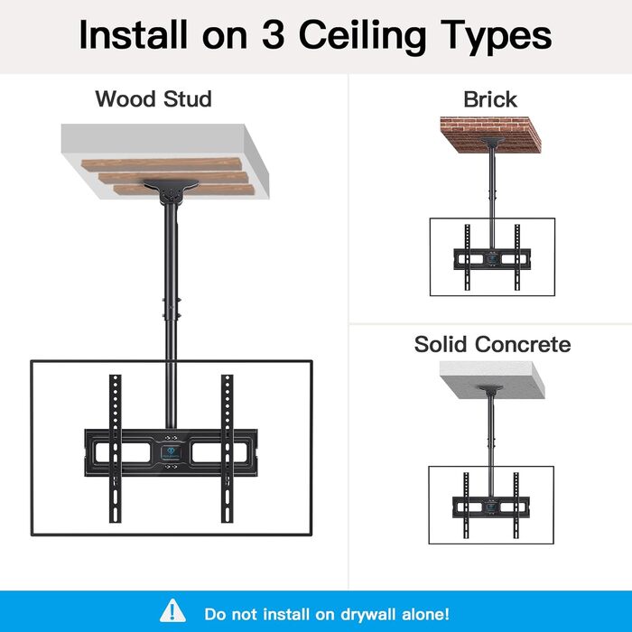 Full-Motion TV Ceiling Mount - Tilting and Swiveling, Adjustable for 26-65 inch Screens, 50kg Capacity, VESA 400x400mm