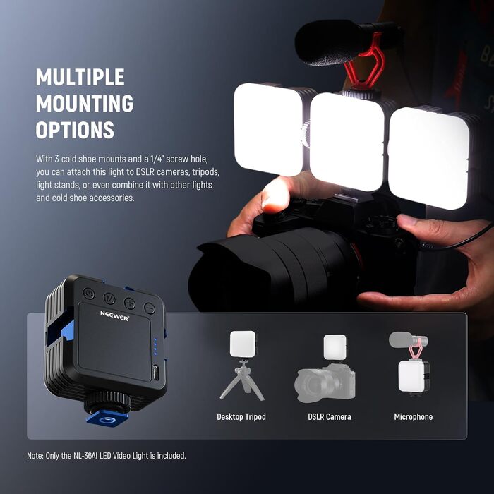 NEEWER NL-36AI RGB LED панель для відеозйомки: 8W, 2700K–7500K, регульоване RGB освітлення, 4000mAh, металева, для DSLR, стрімінгу