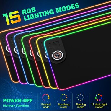 Ігровий RGB килимок для миші з бездротовою зарядкою Qi 15W, 800x350x4мм, 10 режимів підсвічування, швидка зарядка 10W для iPhone та навушників, водонепроникний, протиковзаючий (Чорний)
