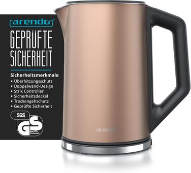 Arendo - Stainless Steel Kettle with Temperature Setting 40-100 Degrees in 5 Degree Increments - Double-Walled Design - Model ELEGANT - 1.5 Liter - 2200 W - Tea Kettle with Temperature Display - GS - Black (E: Bronzo)