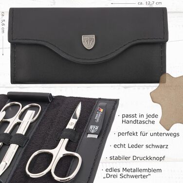 Набір манікюру 5-ти предметний 'Anzio III' від DREI SCHWERTER - Німецька якість | Елегантний чорний футляр з натуральної шкіри | В комплекті: ножиці для нігтів, ножиці для кутикули, пінцет, алмазна пилка для нігтів, засіб для очищення нігтів