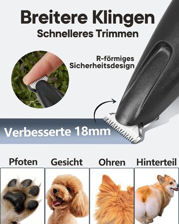 Триммер для собак та котів Pfotentrimmer з LED-підсвічуванням, 18 мм, тихий (35 дБ), вологостійкий, акумуляторний, для догляду за лапами, вухами, обличчям та хвостом (Чорний)