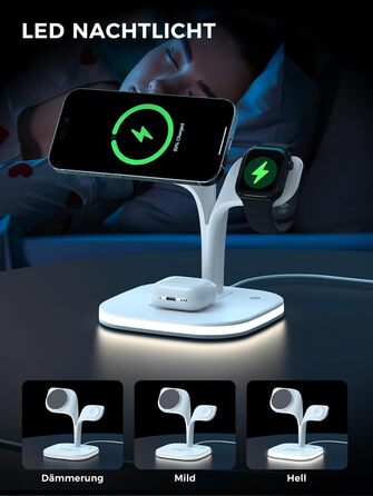 Зарядна станція 3-в-1 для Apple Watch та iPhone з MagSafe, білий колір. Підходить для iPhone 17, 16, 15, 14, 13, 12 Series, Apple Watch 11, 10, 9, 8, 7, 6, 5, 4, 3, 2, SE, Ultra, AirPods Pro/4/3/2. Потужність: 20W.