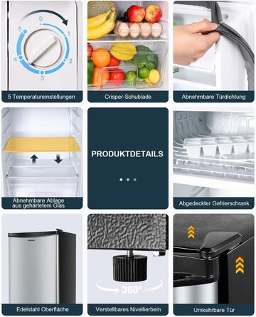 Холодильник Upstreman 91L з функцією швидкого охолодження, 5 температурних режимів (1-8℃), енергоефективний, 41 дБ, компактний та місткий, для студентського гуртожитку/офісу, BR321 (срібний)