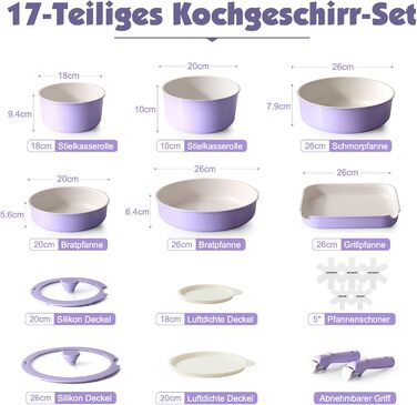 Набір посуду SENSARTE Keramik 17 предметів: каструлі, сковороди з антипригарним покриттям та знімними ручками, для всіх типів плит, можна мити в посудомийній машині та використовувати в духовці, фіолетовий колір