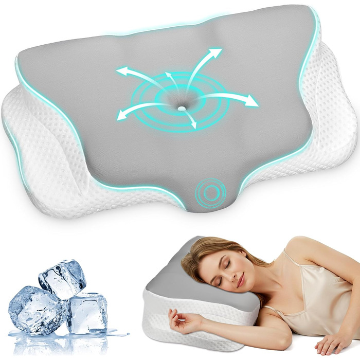 Подушка для шиї Ehomfory з піною Memory Foam, ергономічна подушка для сну на боці, спині та животі, 62x41x9/12 см, сіро-біла