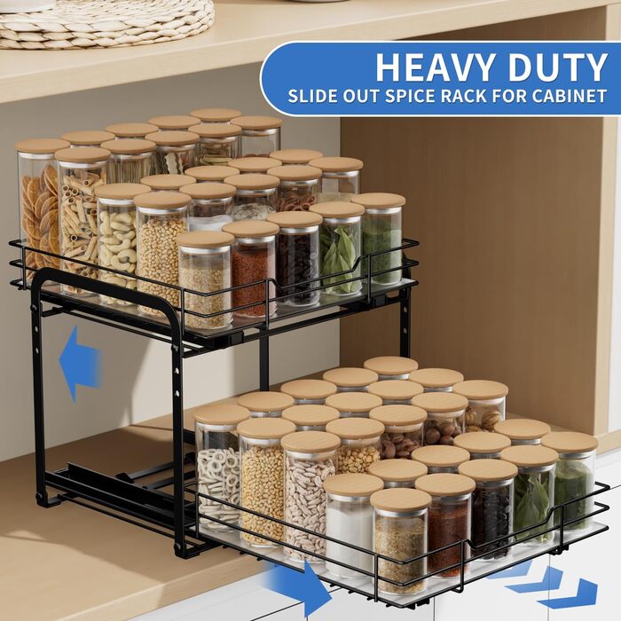 AIRUJIA Pull-Out Spice Rack, 2-Tier Dish Cabinet Organizer, Spice Rack Cabinet, Spice Rack, Lift-Up Sink Shelf, Spice Organizer for Kitchen, L26.4*W23.2*H23CM (L27.2*W29.3*H24 - 2 Tiers)