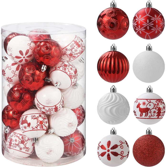 34 штуки прикрас для ялинки: пластикові кулі, ялинкові прикраси з стрічкою, набір з оленями, біло-золотий та червоний кольори