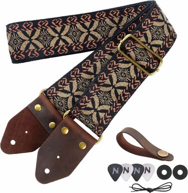 Гітарний ремінь Nefelibata з жаккардової вишивки, бавовна, з шкіряними кінцями Crazy Horse, для бас-гітари, електро- та акустичної гітари, подарунок для дітей та гітаристів (золота вишивка) Y#-золота вишивка